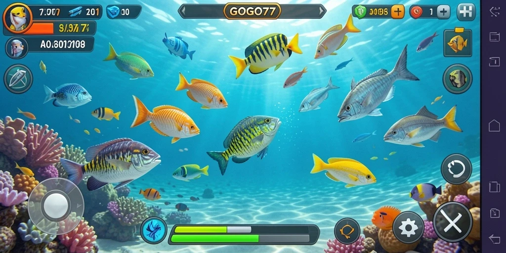 Gameplay GOGO77 dengan aksi menembak ikan yang intens.