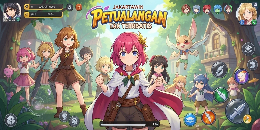 Screenshot utama JAKARTAWIN menampilkan aksi pertempuran karakter Anime yang dinamis.