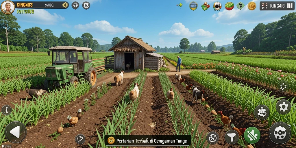 Screenshot gameplay KING403 menampilkan kebun yang subur dan aktivitas bertani yang menyenangkan.
