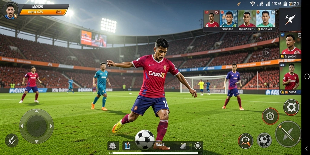 Tampilan gameplay MG525 yang menampilkan aksi sepak bola seru.