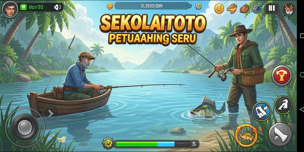 Tampilan gameplay <strong>SEKOLAHTOTO</strong> dengan berbagai lokasi memancing yang menantang.